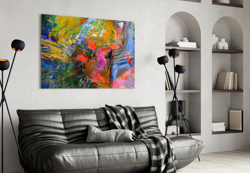Color Explosion glass wall art styled above a desk in a creative teen room