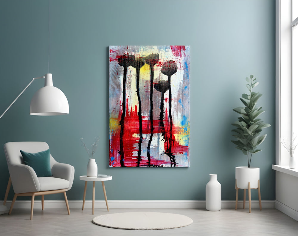 Flower Silhouettes glass wall art styled above a desk in an introspective study