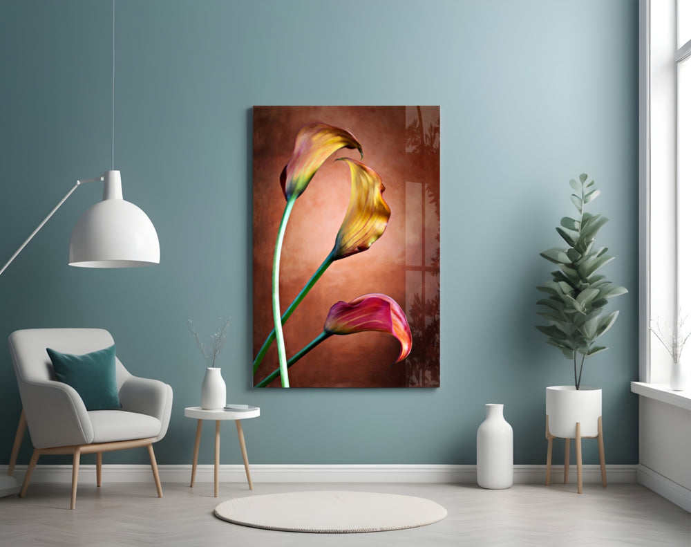 Tulips glass wall art styled above a vanity in a powder room