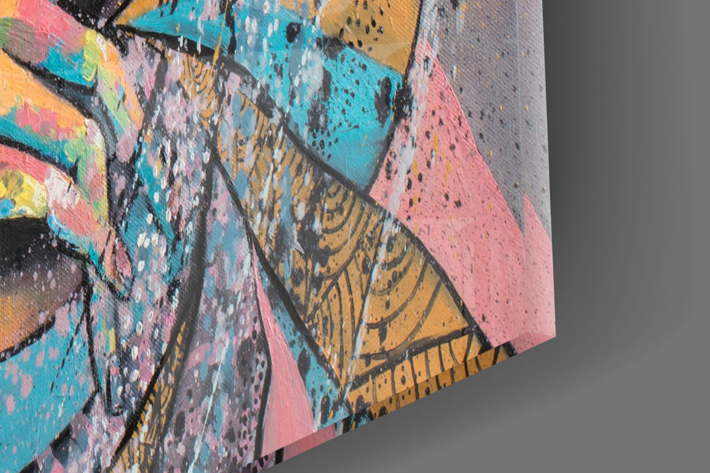 Shh Woman artwork anchoring a wall with bold urban palette