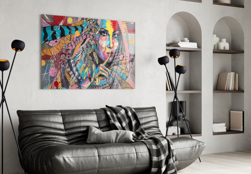 Shh Woman glass wall art styled above a desk in an edgy teen room