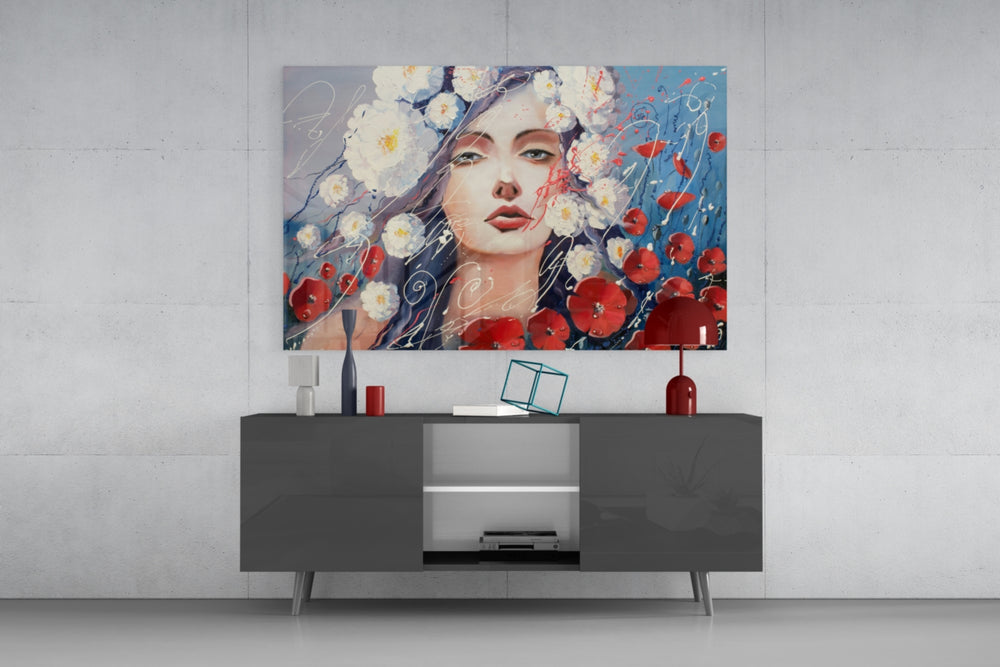 Women and Flowers panel catching gallery light to reveal its painterly grain