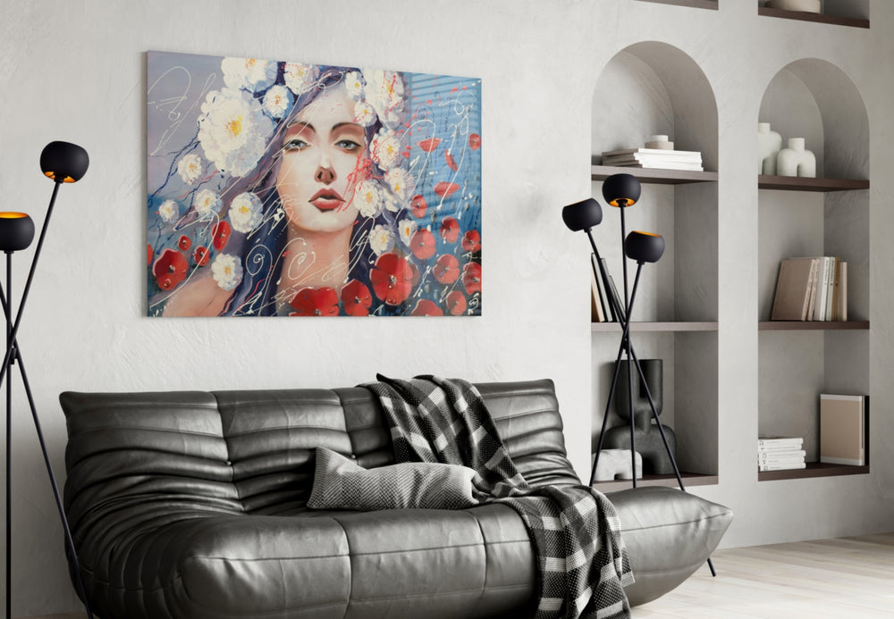 Women and Flowers glass wall art styled above a vanity in a powder room