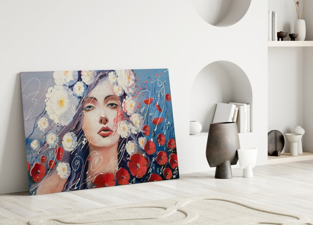 Close-up detail of pensive face among white blossoms and scarlet poppies