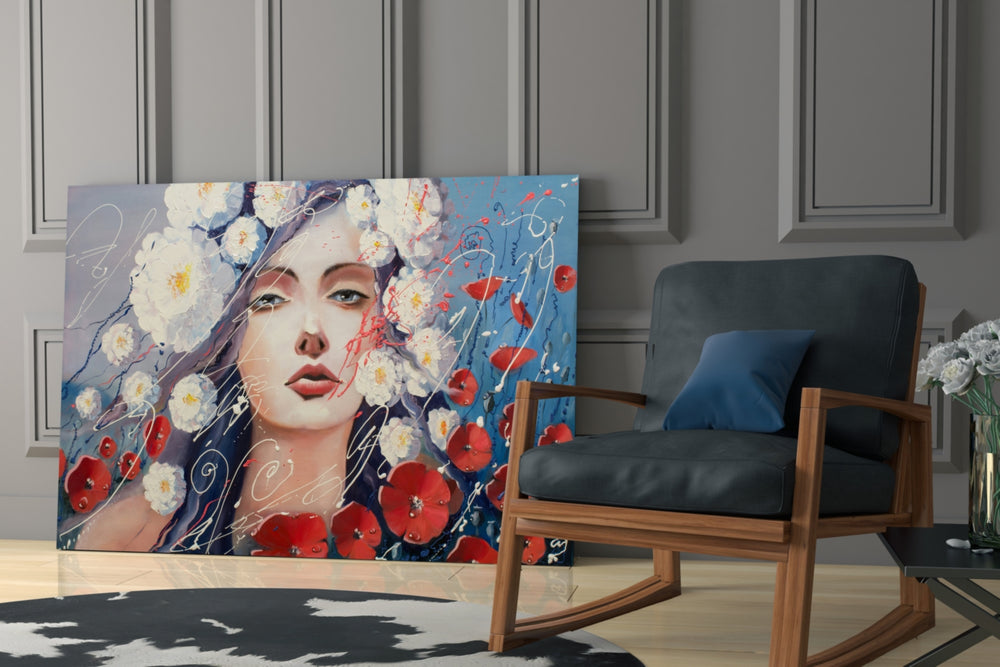 Women and Flowers glass print enhancing a foyer with statement focal point