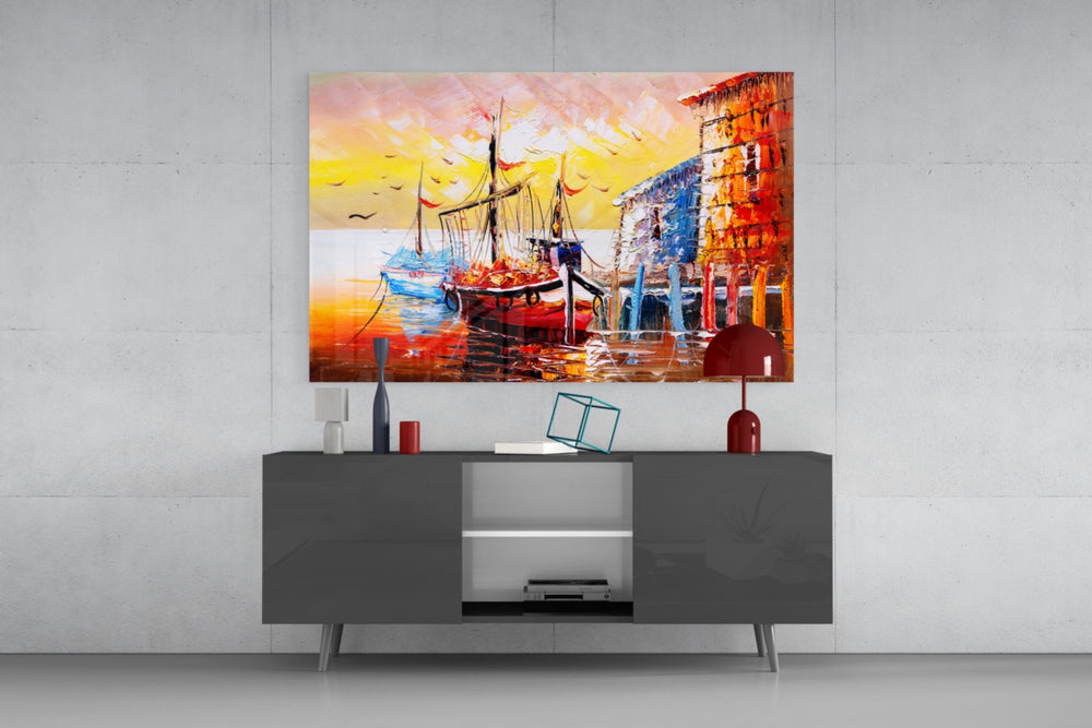 Illustration Ships panel catching daylight to reveal its impasto strokes