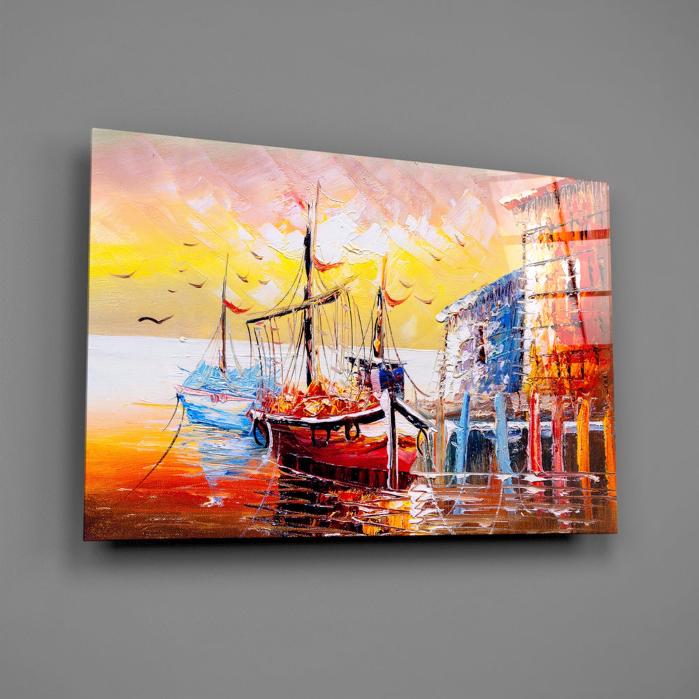 Sunset-harbor panel bringing painterly warmth to a contemporary living space
