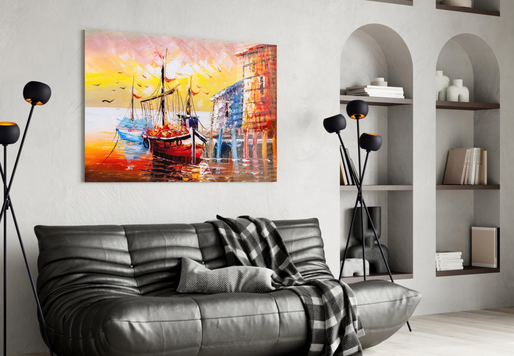 Illustration Ships glass wall art styled above a desk in a traveler's-nostalgia study