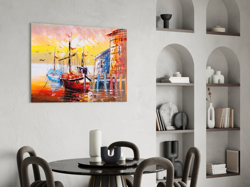 Illustration Ships panel adding bistro mood to a dining room