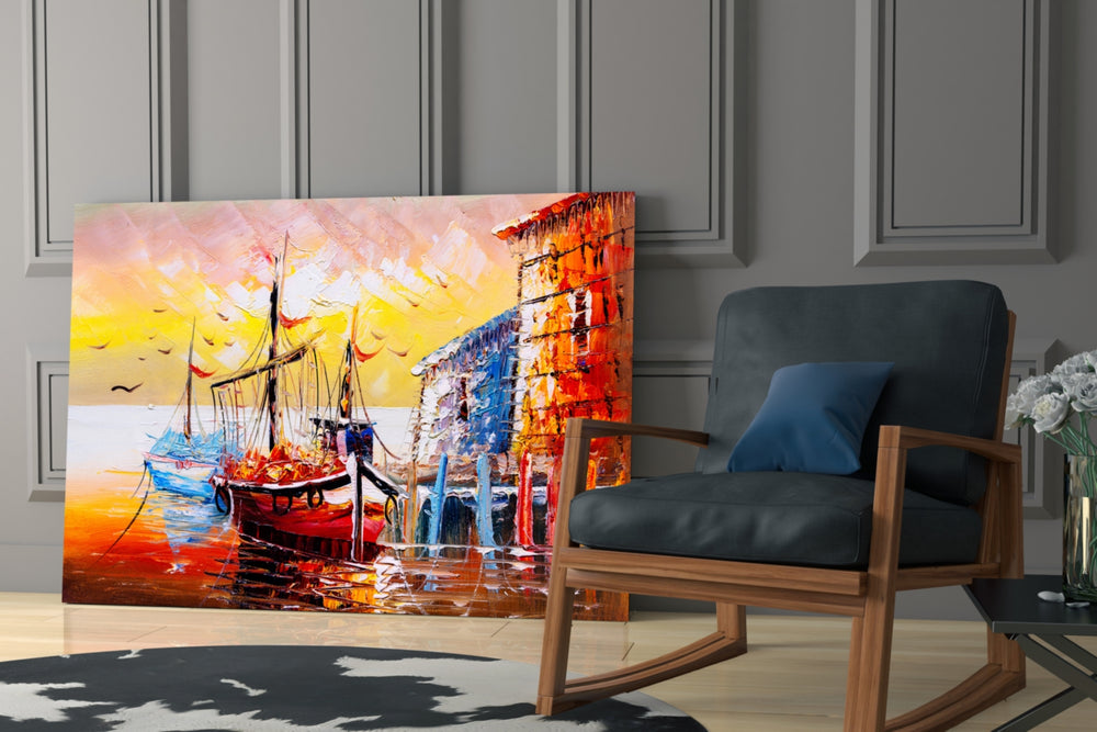 Illustration Ships glass print enhancing a foyer with horizon focal point