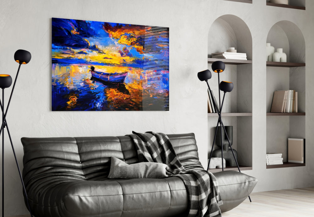 Dark Blue Sunset glass wall art styled above a desk in an introspective study