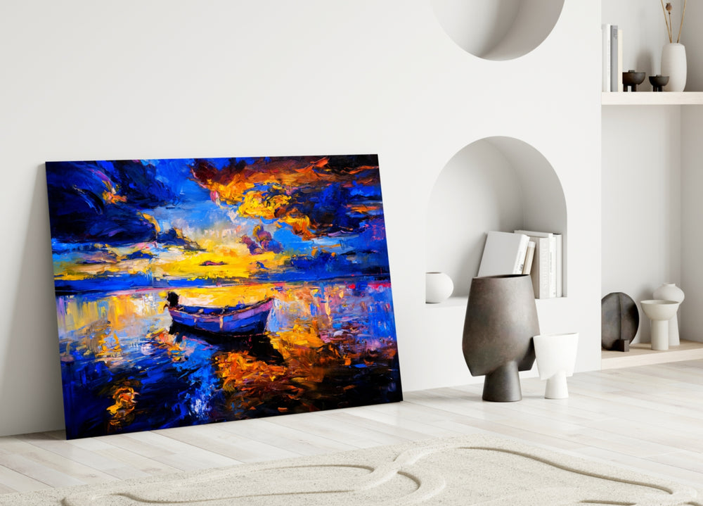 Close-up detail of solitary boat beneath fiery gold-streaked clouds