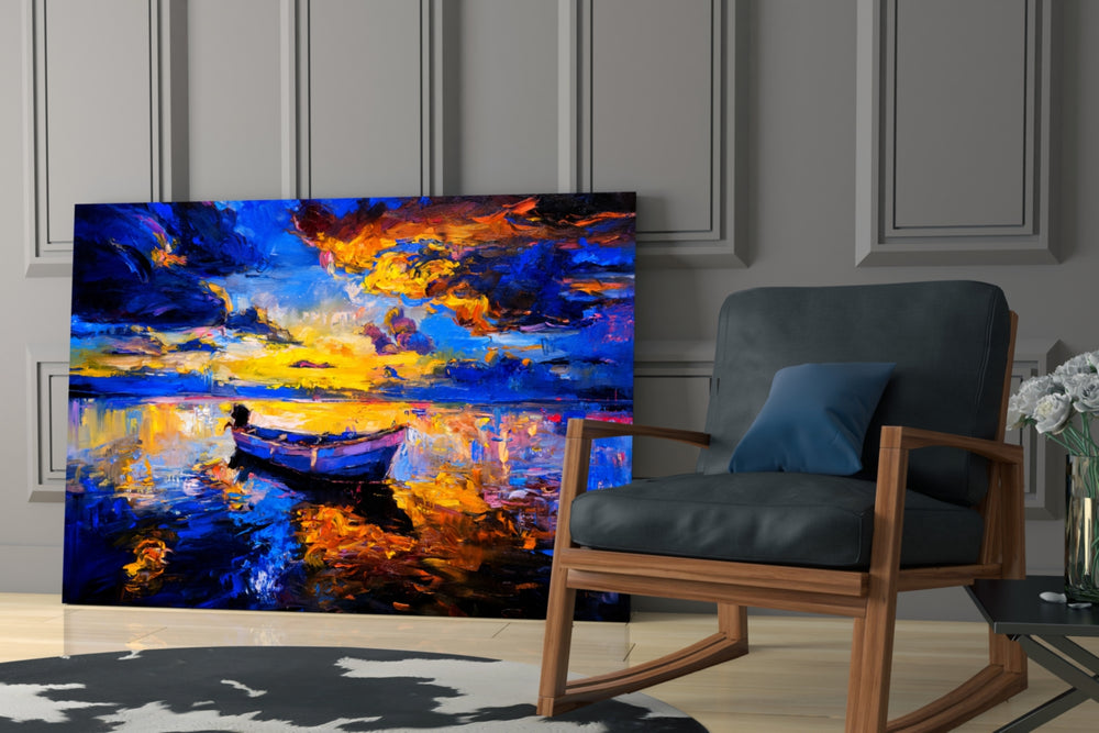 Dark Blue Sunset glass print enhancing a hallway with horizon poetry