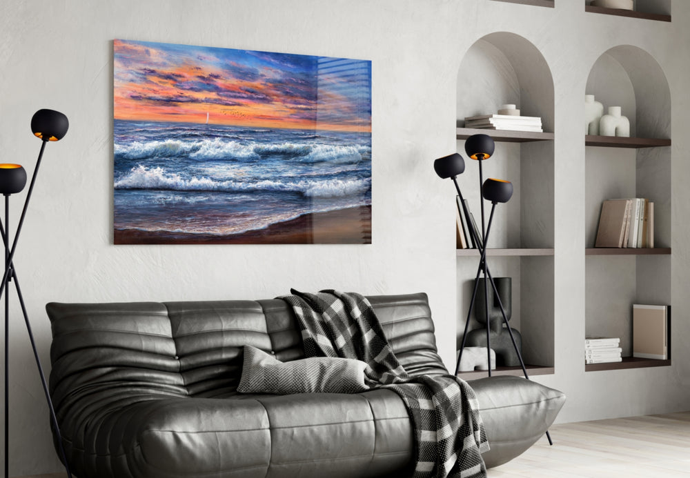 Waves glass wall art styled above a desk in a traveler's-mood study