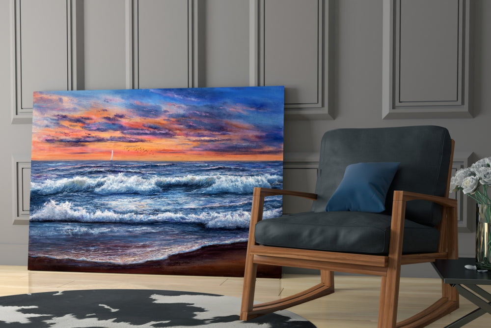 Waves glass print enhancing a hallway with seascape poetry