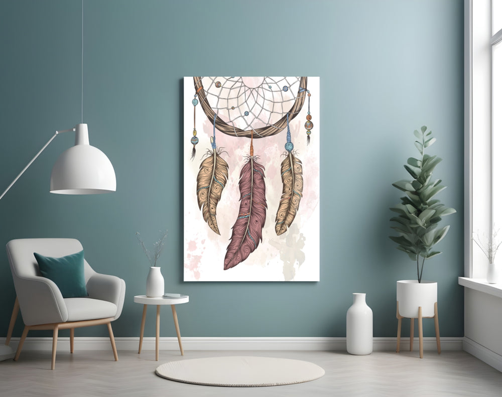 Dreamcatcher glass wall art styled above a bed in a whimsical child's room