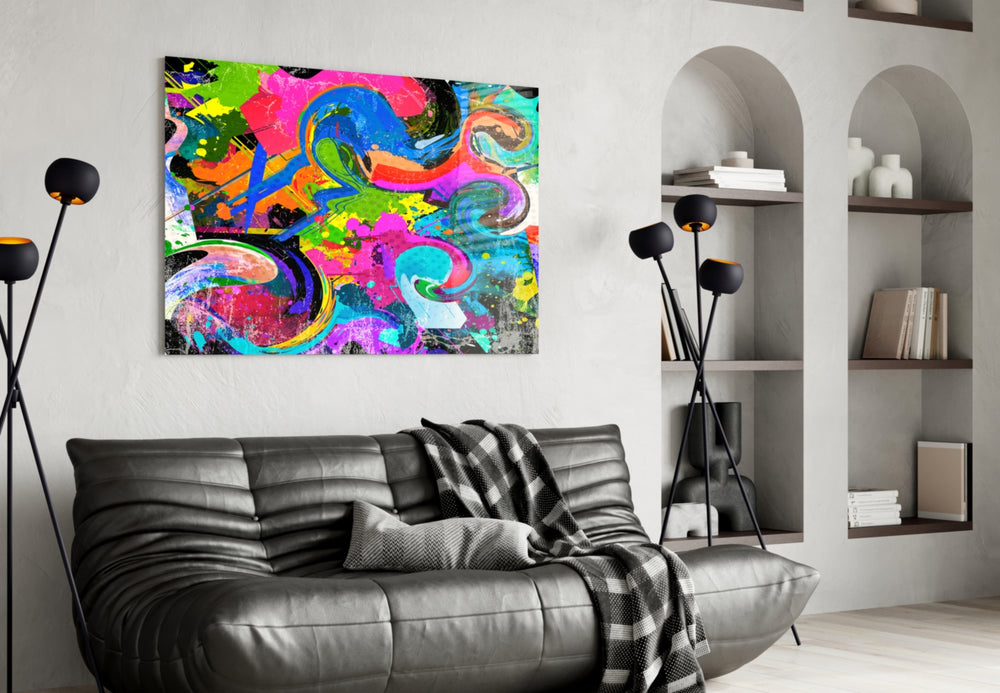 Ebruli glass wall art styled above a desk in a creative teen room