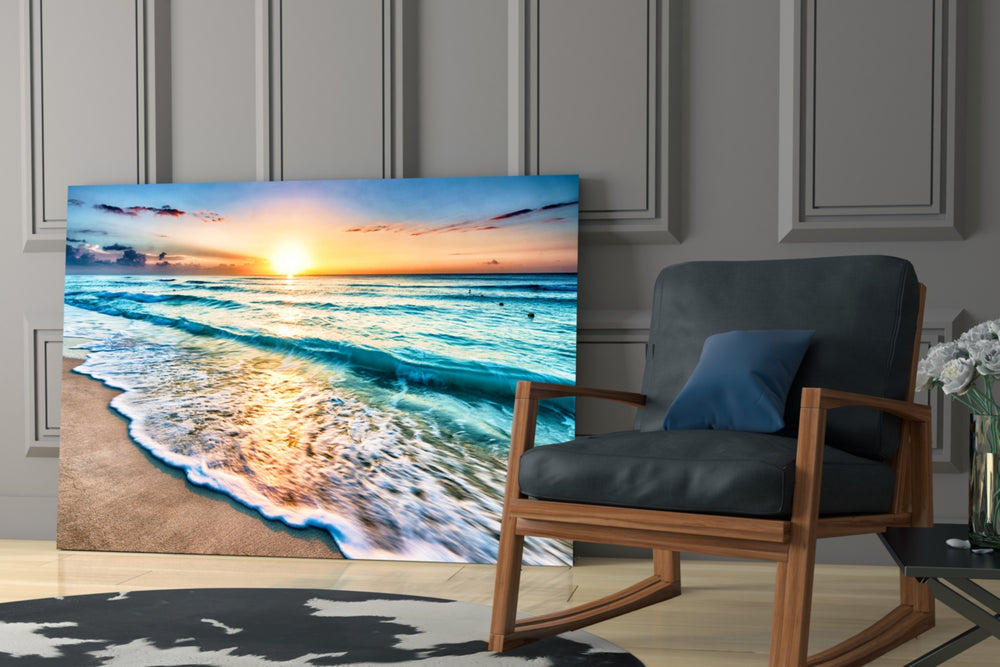 Sunset glass print enhancing a sunroom with vacation drama