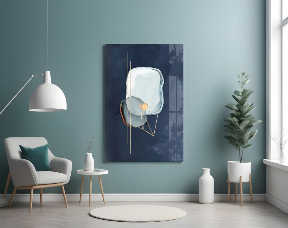 Abstract Blue glass wall art styled above a desk in an editorial study
