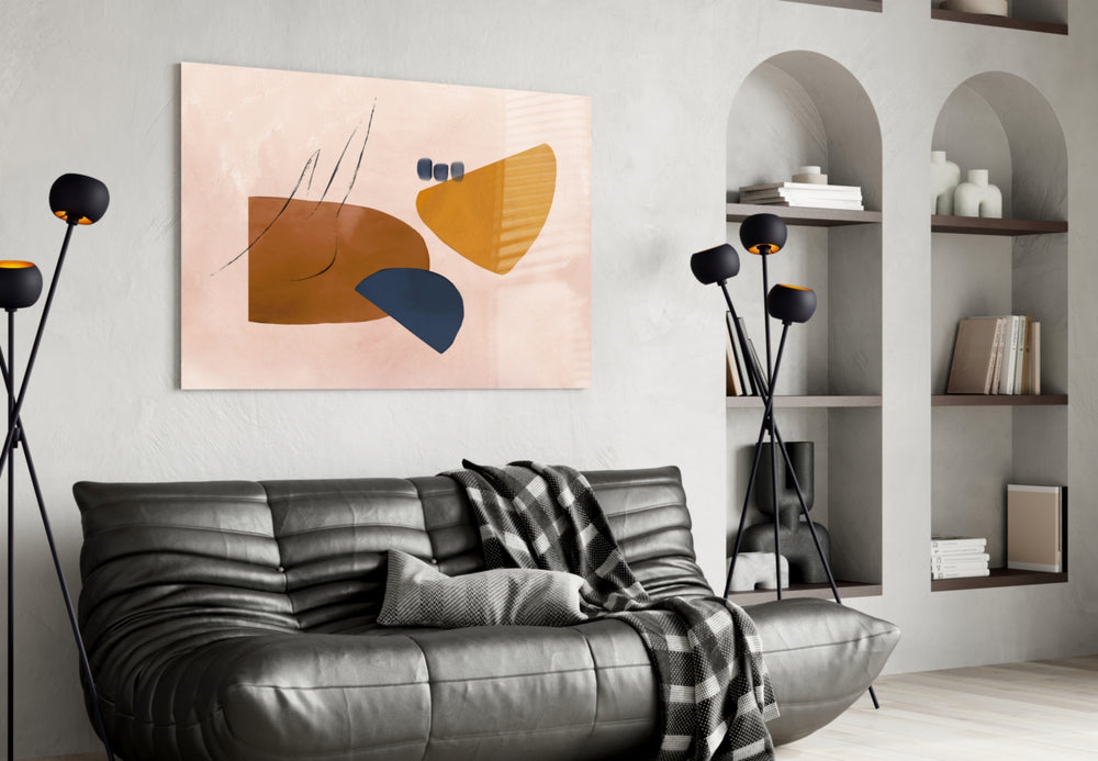 Abstract Brown glass wall art styled above a desk in an editorial study