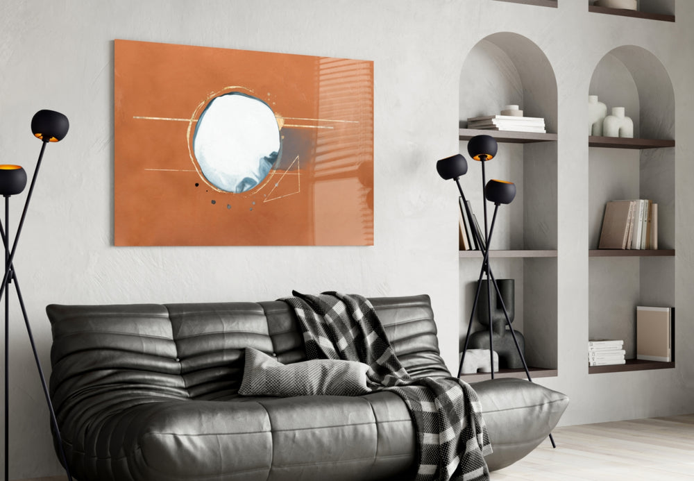 Abstract Cinnamon glass wall art styled above a desk in an editorial study