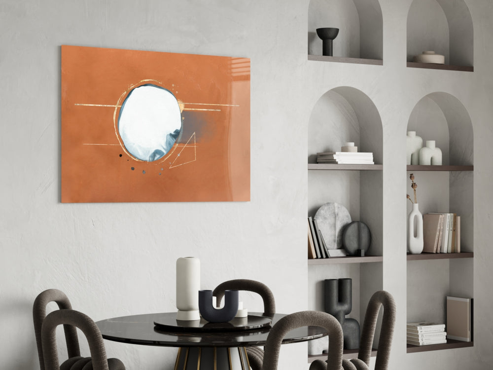 Abstract Cinnamon panel adding statement focal point to a foyer