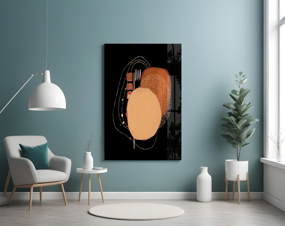 Abstract Black glass wall art styled above a desk in an editorial study