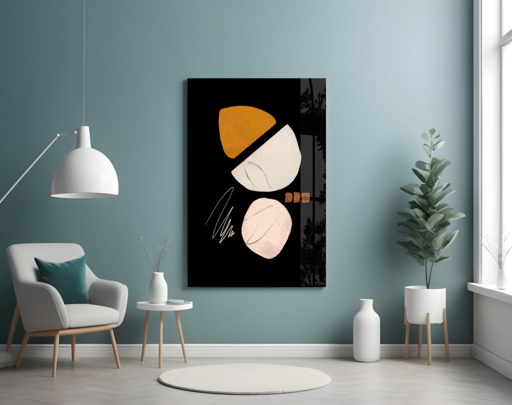 Abstract Acorn glass wall art styled above a desk in an editorial study