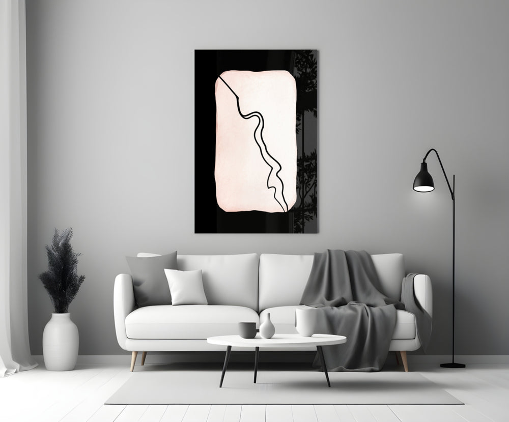 Close-up detail of inky serpentine line winding through blush rectangle