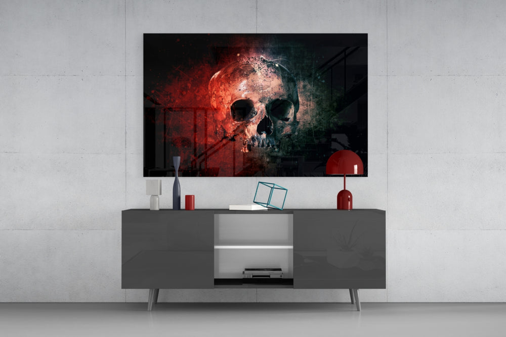 Skull panel catching low light to reveal its tactile decay