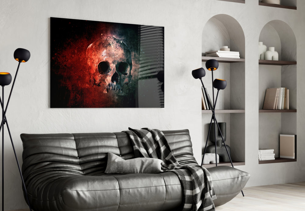 Skull glass wall art styled above a desk in an introspective study