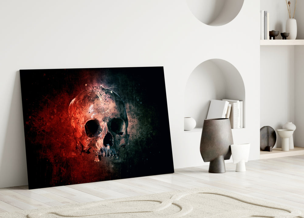 Close-up detail of weathered grey skull with crimson side wash