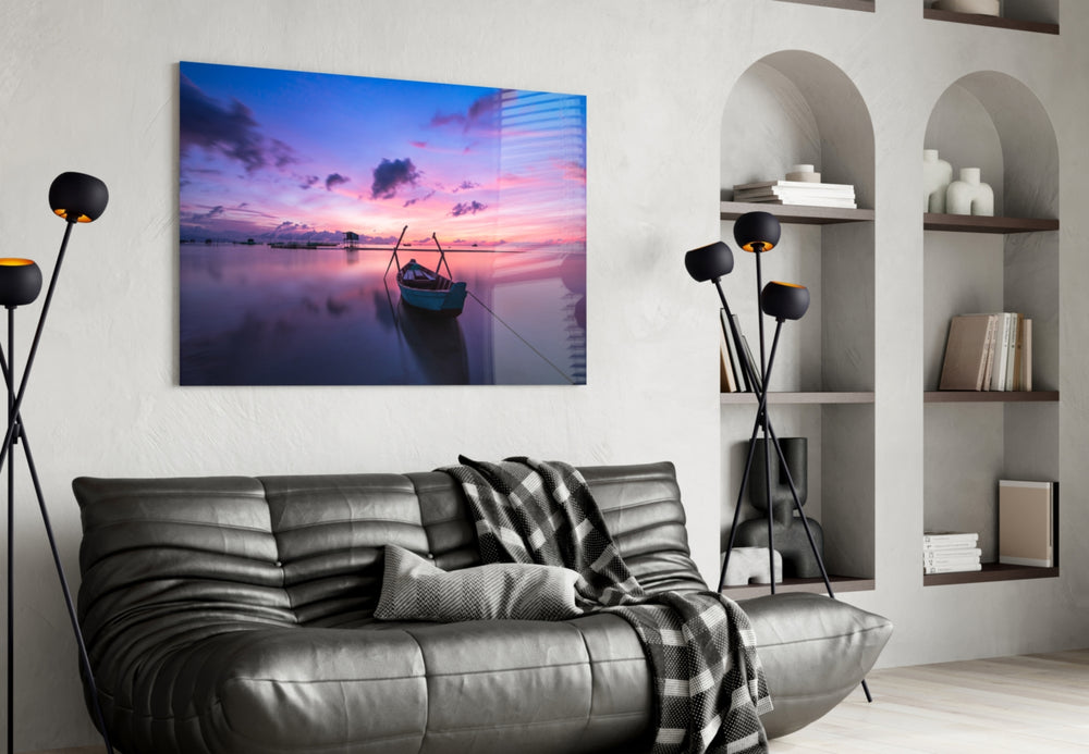 Sunset on the Boat glass wall art styled above a bed in a serene bedroom
