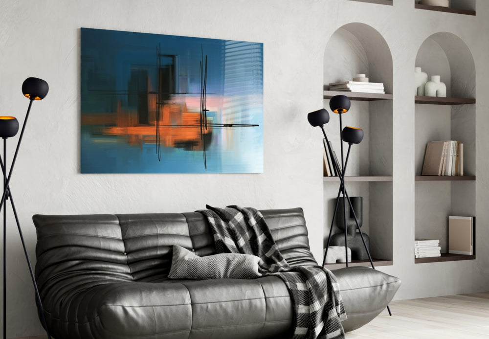 Abstract Silhouette glass wall art styled above a desk in an editorial study