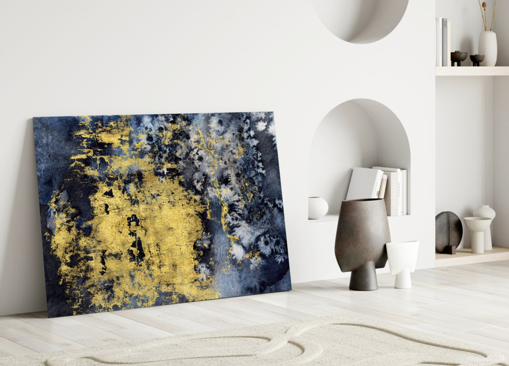 Close-up detail of crackled gold-leaf bursts on navy-and-pearl wash