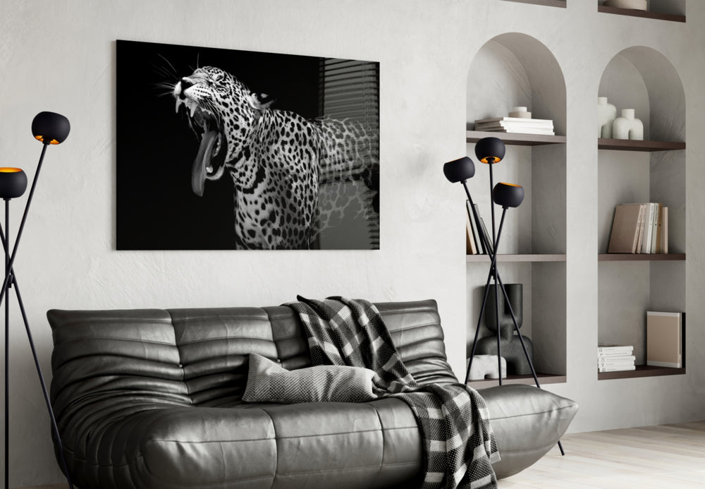 Leopard glass wall art styled above a desk in an executive-presence study