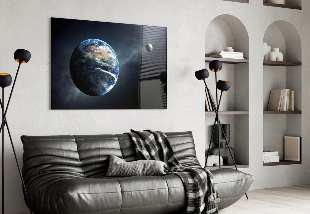 Earth glass wall art styled above a desk in a cosmic child's room