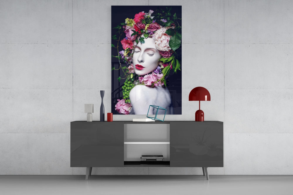Flower and Woman panel catching gallery light to reveal its dimensional blooms