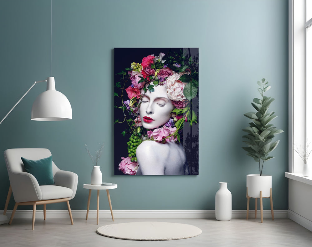 Flower and Woman glass wall art styled above a vanity in a powder room