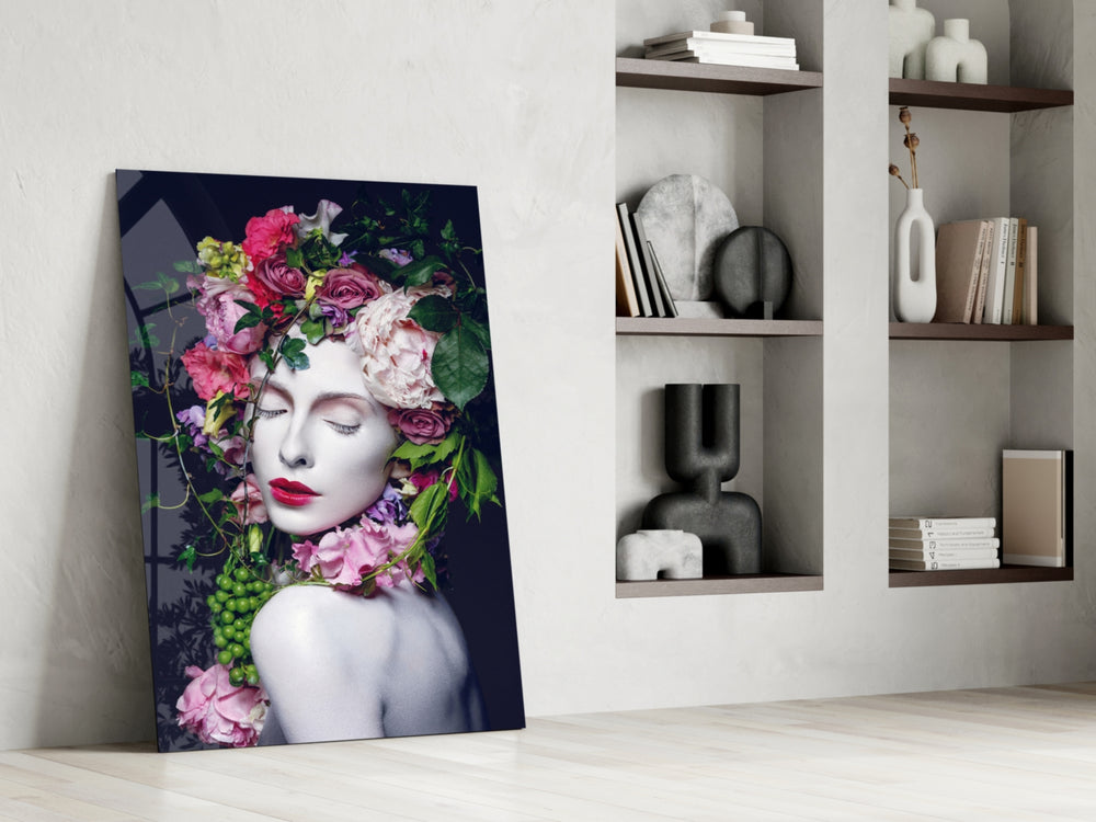 Flower and Woman glass print enhancing a foyer with statement focal point