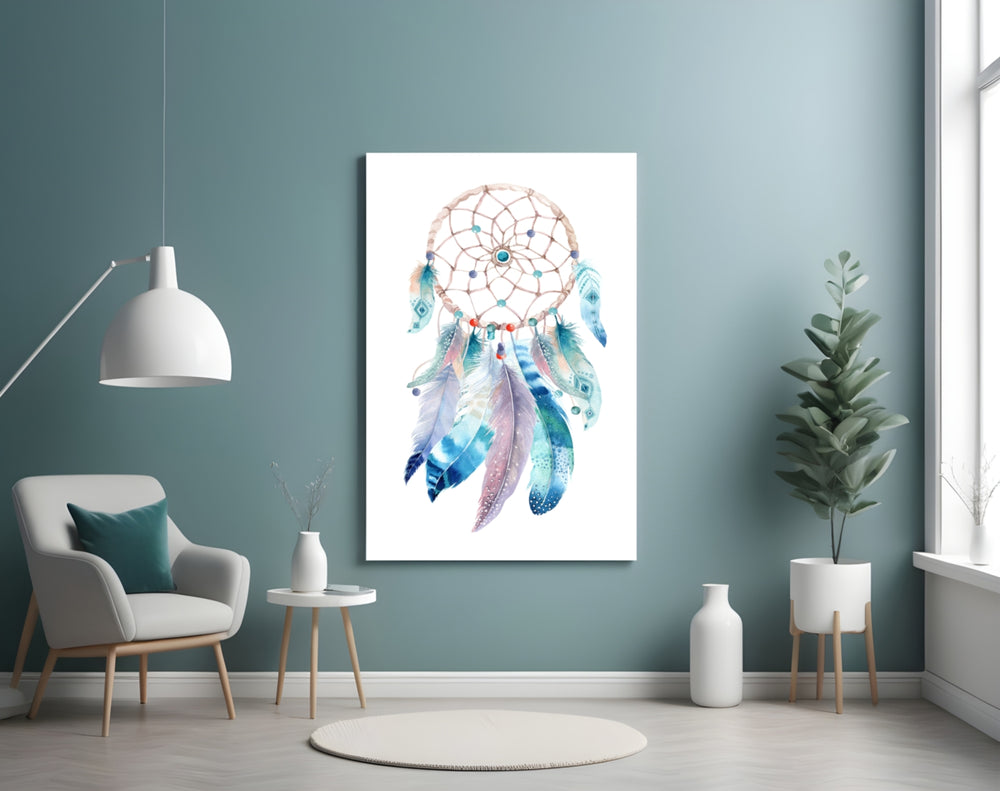 Dreamcatcher glass wall art styled above a bed in a whimsical child's room
