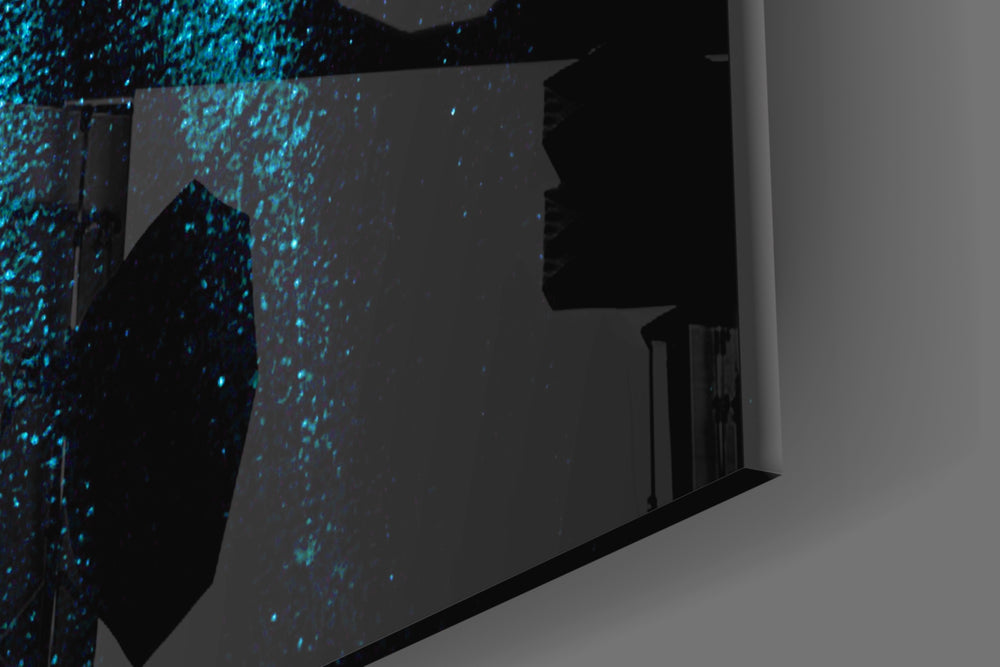 Blue Lights artwork anchoring a wall with moody cool palette