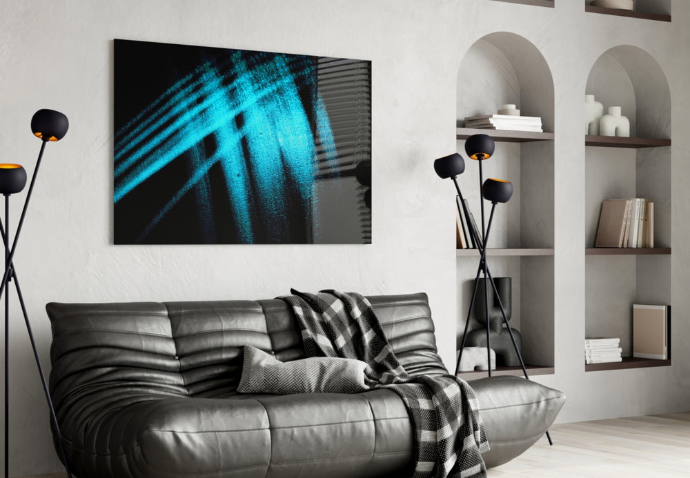 Blue Lights glass wall art styled above a desk in a creative teen room