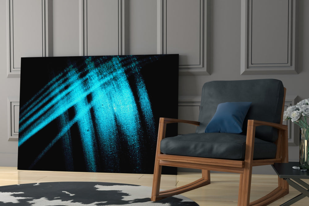 Blue Lights glass print enhancing a lounge with editorial drama