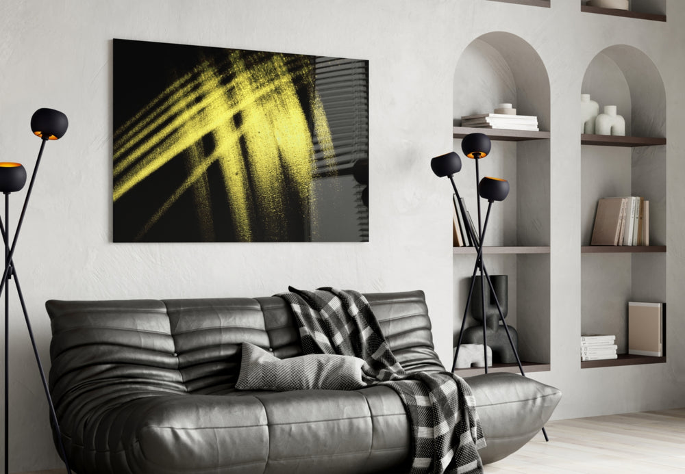 Yellow Lights glass wall art styled above a desk in a creative teen room