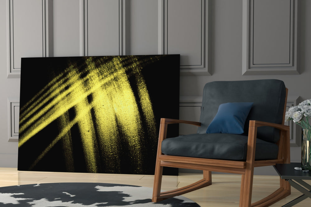 Yellow Lights glass print enhancing a lounge with editorial drama