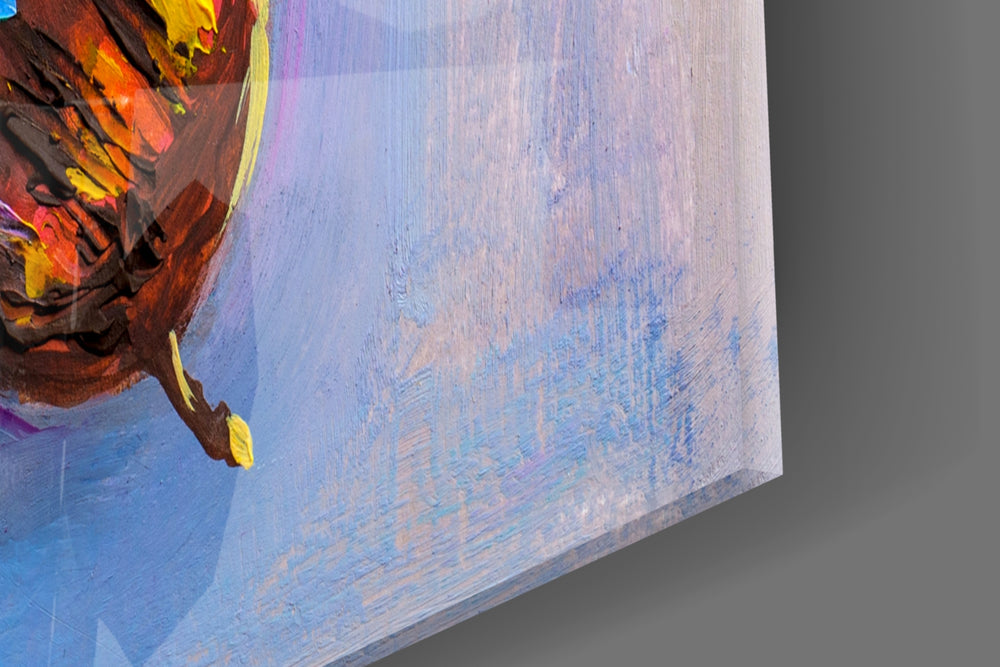 Butterfly artwork anchoring a wall with bold joyful palette