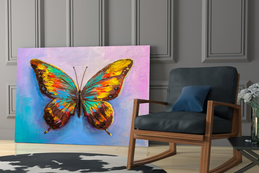 Butterfly glass print enhancing a powder room with romantic drama