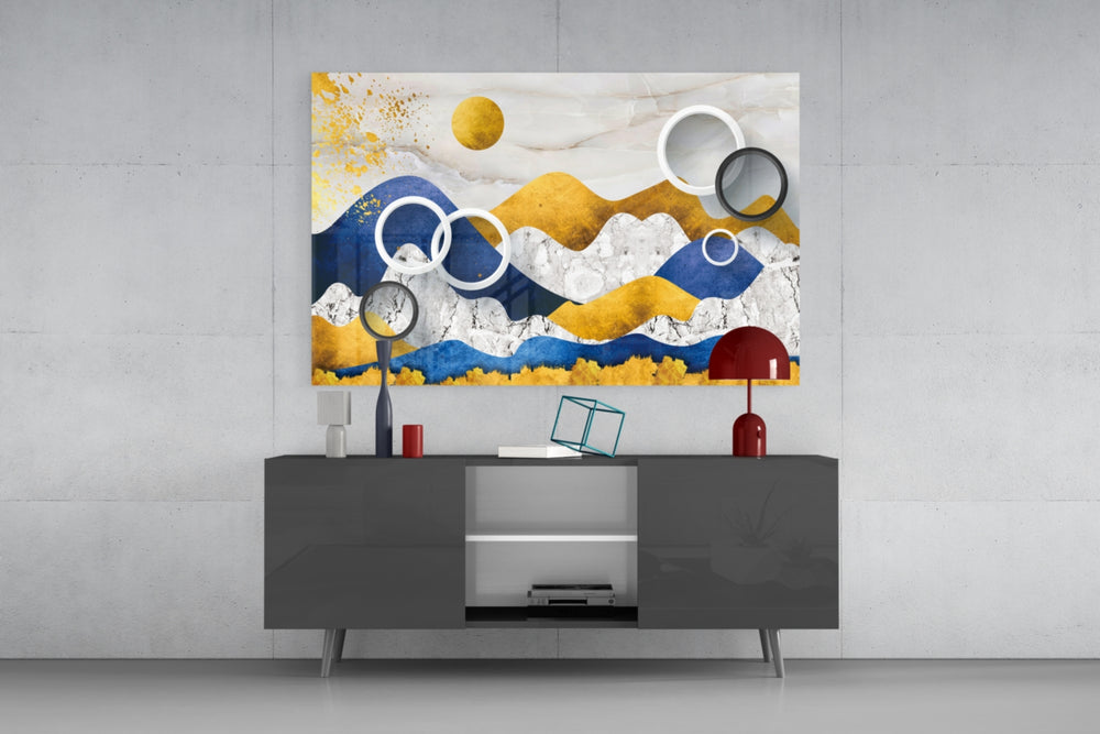 Colorful Mountains panel catching gallery light to reveal its metallic shimmer