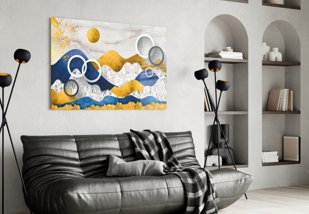 Colorful Mountains glass wall art styled above a desk in a child's room